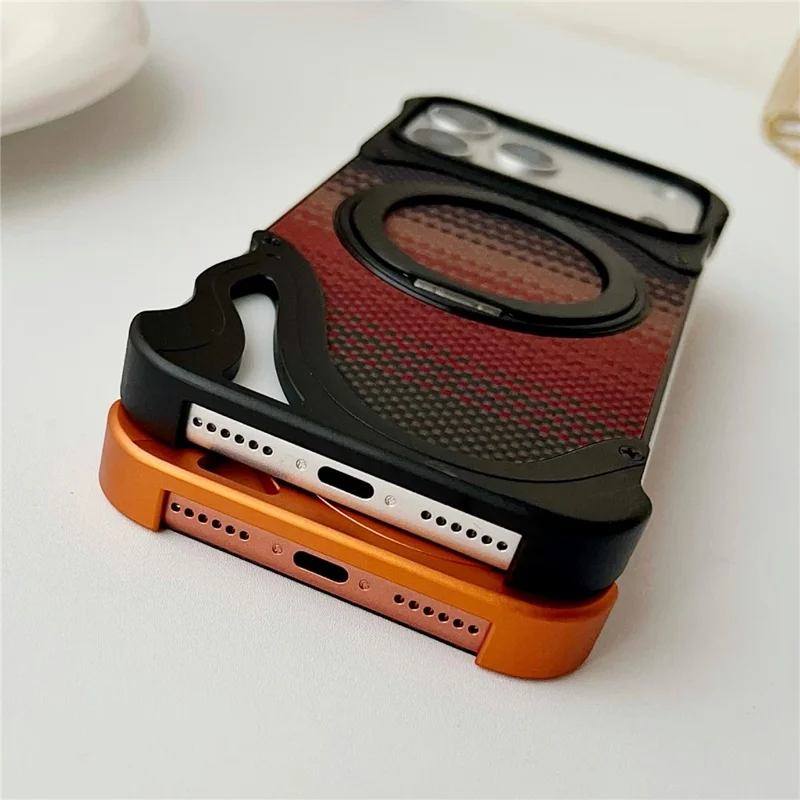 For iPhone 17 Pro Max Case Rotating Magnetic Kickstand Carbon Fiber Texture PC + Metal Shockproof Phone Cover - Orange