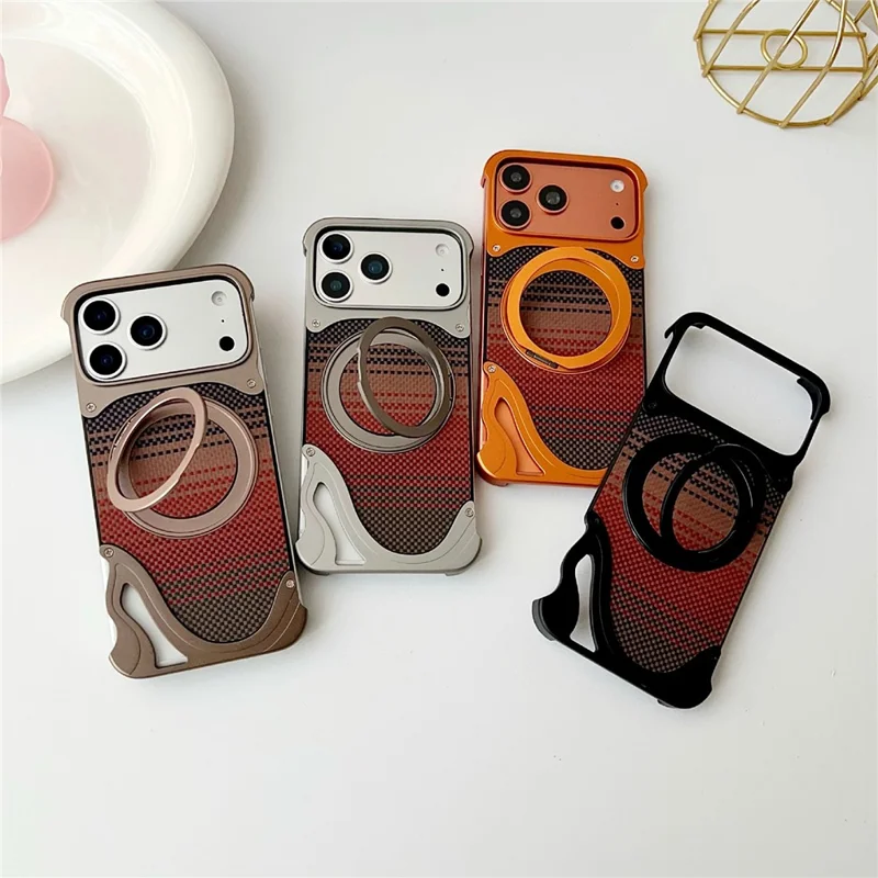 For iPhone 17 Pro Max Case Rotating Magnetic Kickstand Carbon Fiber Texture PC + Metal Shockproof Phone Cover - Orange