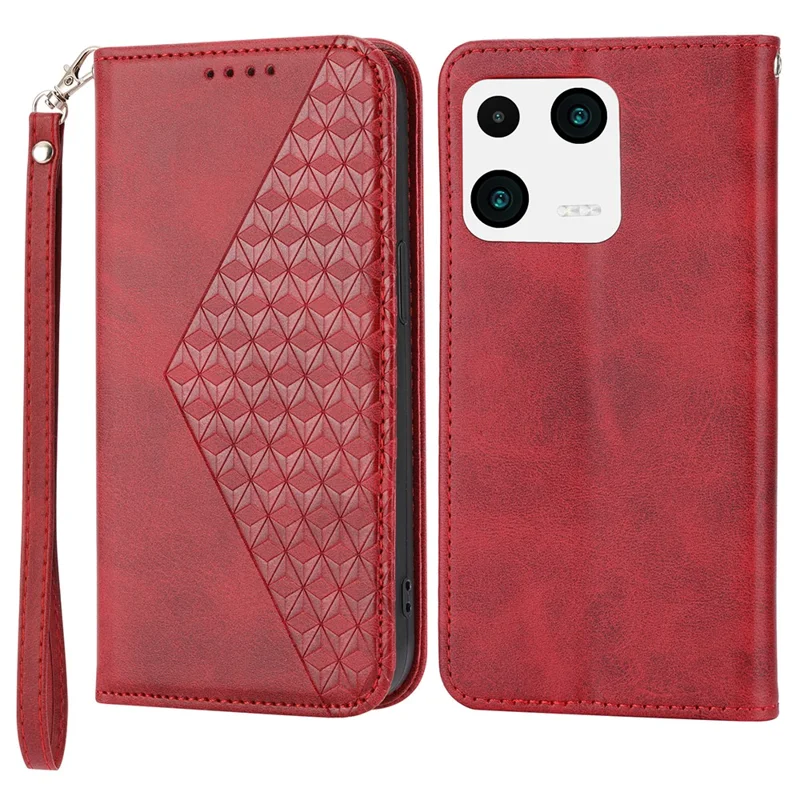 Für Xiaomi 13 Kalb Texture Telefon Hülle PU Leder Brieftasche Magnetverschluss Geprägter Rhombus -musterabdeckung Mit Riemen - Rot