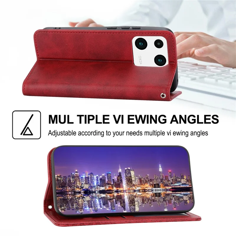 Für Xiaomi 13 Kalb Texture Telefon Hülle PU Leder Brieftasche Magnetverschluss Geprägter Rhombus -musterabdeckung Mit Riemen - Rot