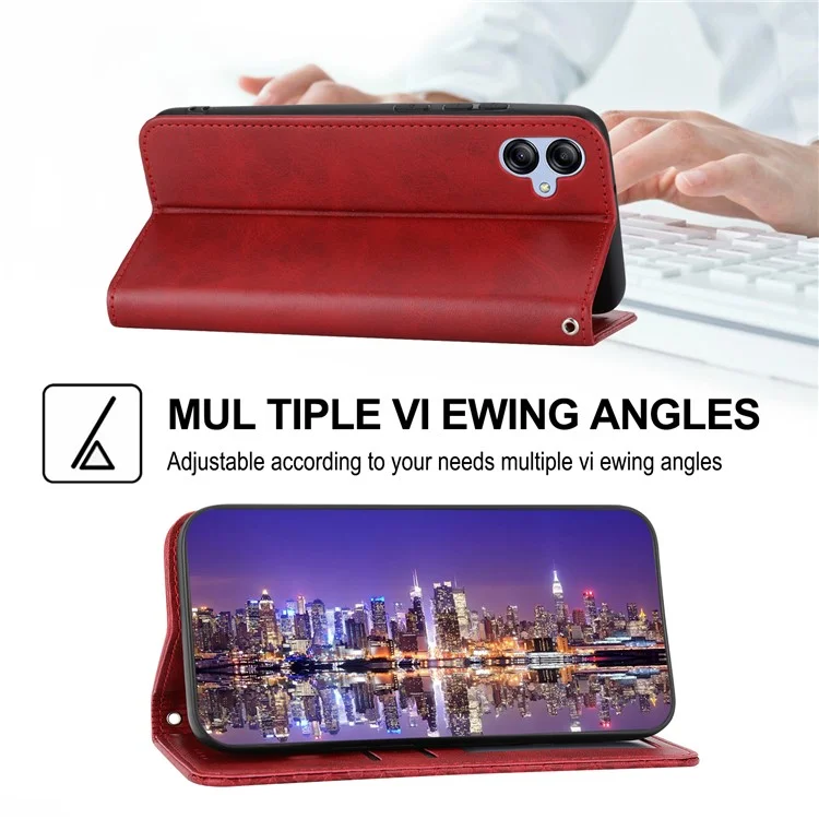 Para Samsung Galaxy A04e 4G / F04 4G / M04 4G Imprinted Rhombus Pattern Calf Texture Phone Case PU Leather Wallet Stand Magnetic Closure Cover - Rojo