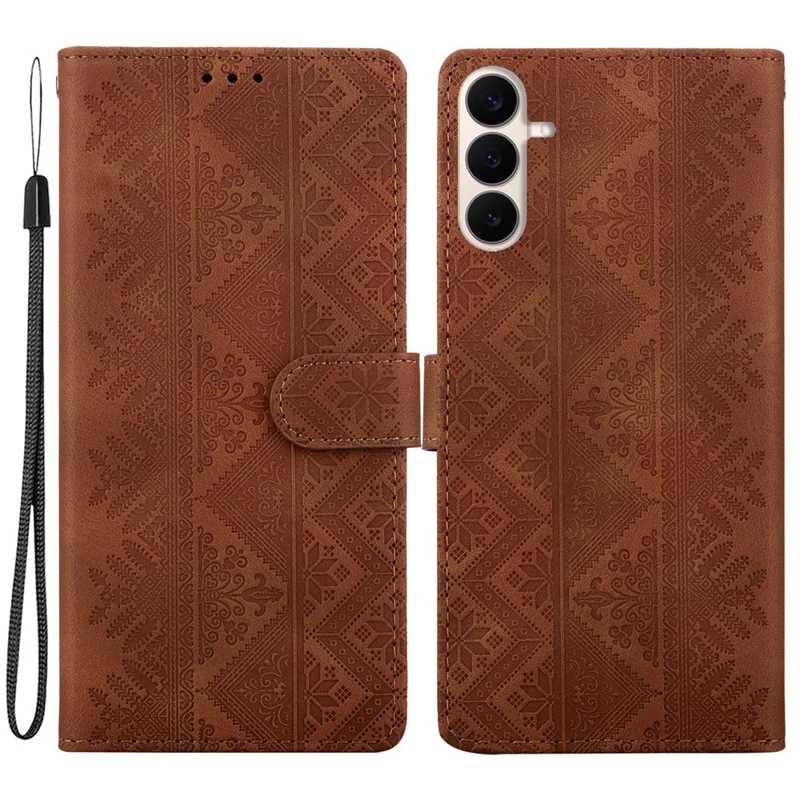 For Samsung Galaxy S26 FE Wallet Case Imprinted Ethnic Pattern Leather Phone Cover with Wrist Strap - Brown