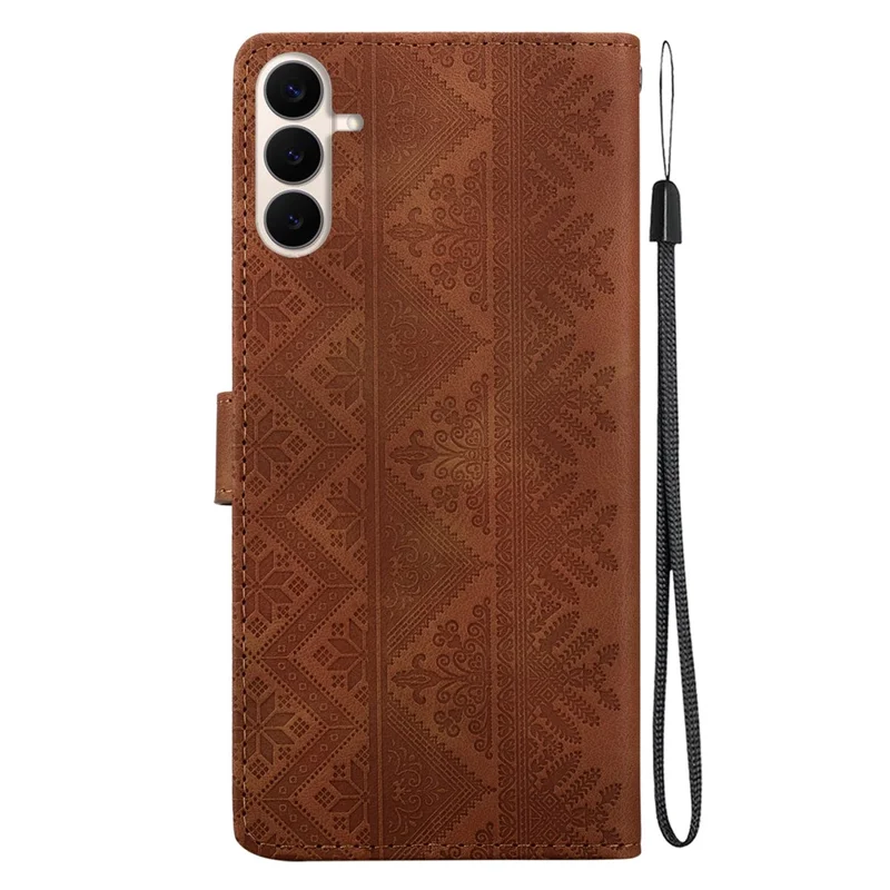 For Samsung Galaxy S26 FE Wallet Case Imprinted Ethnic Pattern Leather Phone Cover with Wrist Strap - Brown