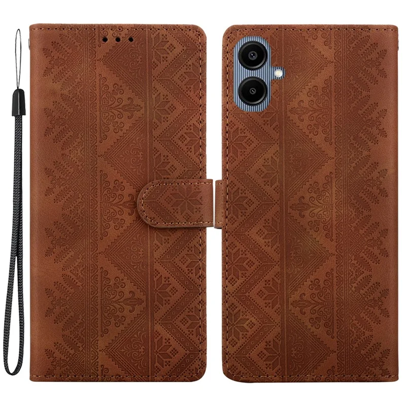 For Samsung Galaxy A08 5G  /  A08 4G  /  A07 5G  /  A07 4G  /  A06 5G  /  A06 4G Wallet Case Imprinted Ethnic Pattern Leather Phone Cover with Wrist Strap - Brown