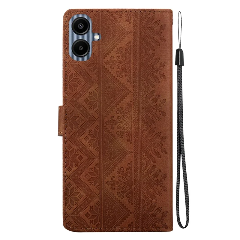 For Samsung Galaxy A08 5G  /  A08 4G  /  A07 5G  /  A07 4G  /  A06 5G  /  A06 4G Wallet Case Imprinted Ethnic Pattern Leather Phone Cover with Wrist Strap - Brown