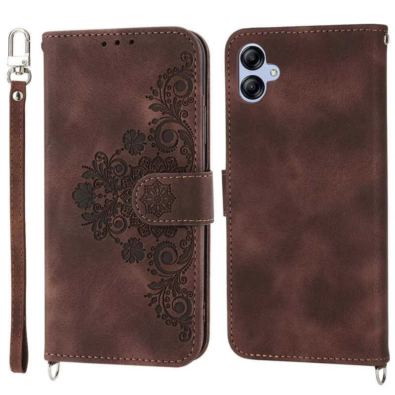 For Samsung Galaxy A04e 4G / F04 4G / M04 4G Wallet Phone Cover Skin-touch Feeling Imprinted Flowers Stand Leather Case with Wrist Strap and Shoulder Strap - Brown