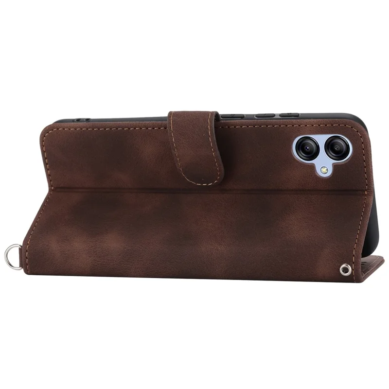 For Samsung Galaxy A04e 4G / F04 4G / M04 4G Wallet Phone Cover Skin-touch Feeling Imprinted Flowers Stand Leather Case with Wrist Strap and Shoulder Strap - Brown