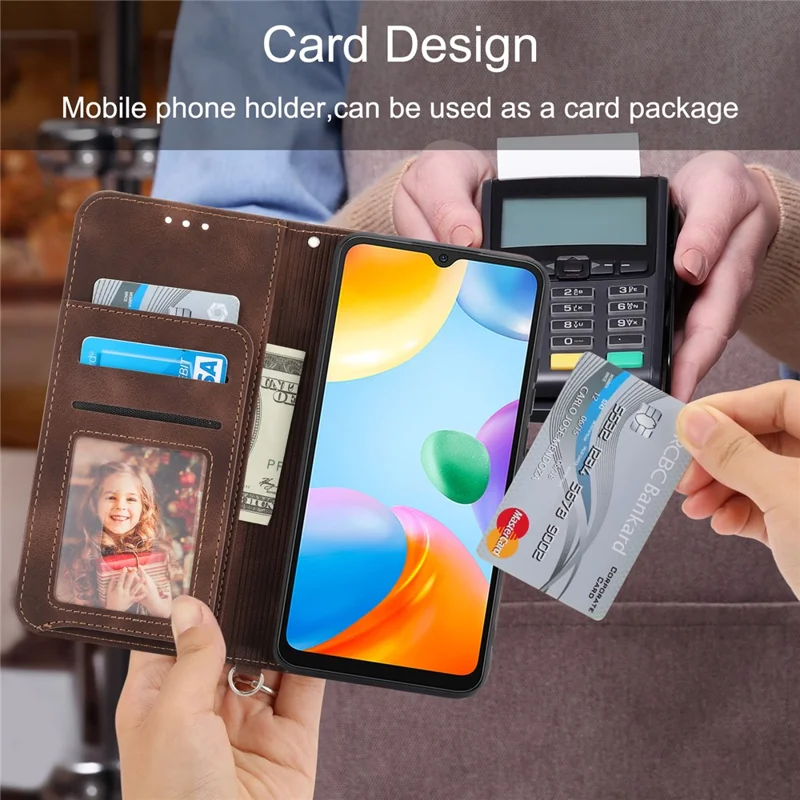 For Samsung Galaxy A04e 4G / F04 4G / M04 4G Wallet Phone Cover Skin-touch Feeling Imprinted Flowers Stand Leather Case with Wrist Strap and Shoulder Strap - Brown