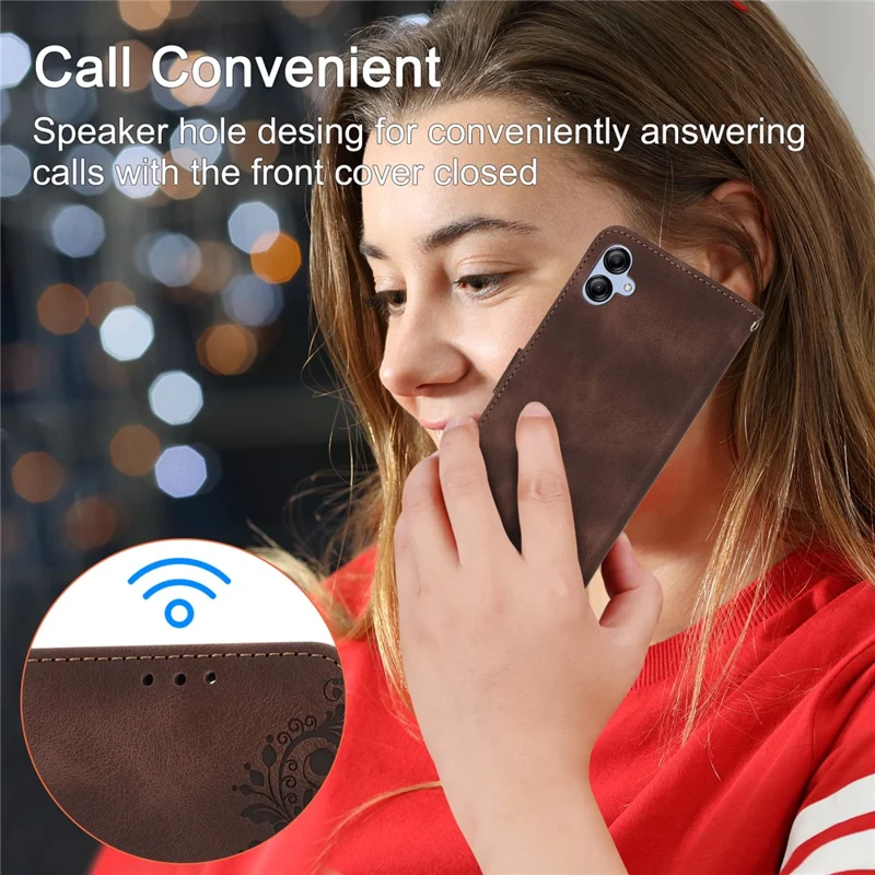 For Samsung Galaxy A04e 4G / F04 4G / M04 4G Wallet Phone Cover Skin-touch Feeling Imprinted Flowers Stand Leather Case with Wrist Strap and Shoulder Strap - Brown