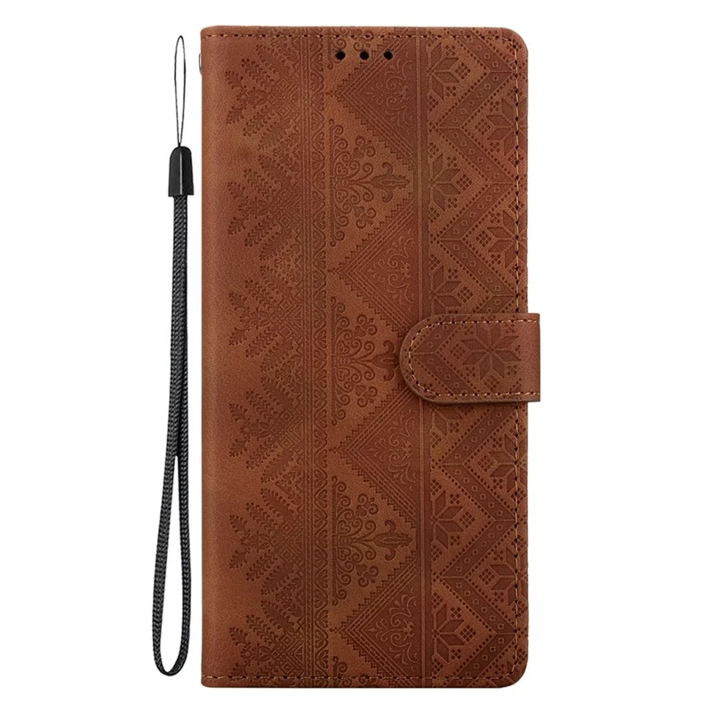 For Samsung Galaxy A26 5G  /  A17 5G  /  A17 4G  /  A18 5G  /  A18 4G Wallet Case Imprinted Ethnic Pattern Leather Phone Cover with Wrist Strap - Brown