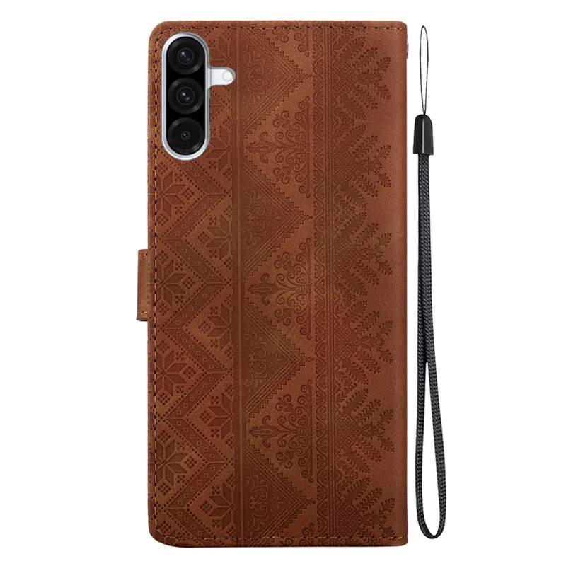 For Samsung Galaxy A56 5G Wallet Case Imprinted Ethnic Pattern Leather Phone Cover with Wrist Strap - Brown