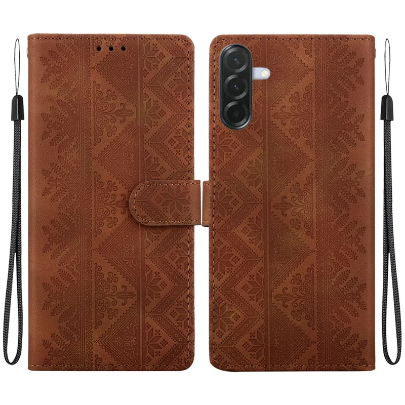 For Samsung Galaxy A57 5G Wallet Case Imprinted Ethnic Pattern Leather Phone Cover with Wrist Strap - Brown