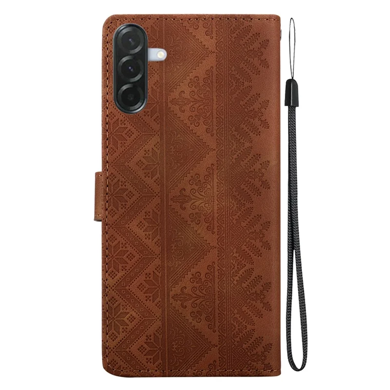 For Samsung Galaxy A57 5G Wallet Case Imprinted Ethnic Pattern Leather Phone Cover with Wrist Strap - Brown