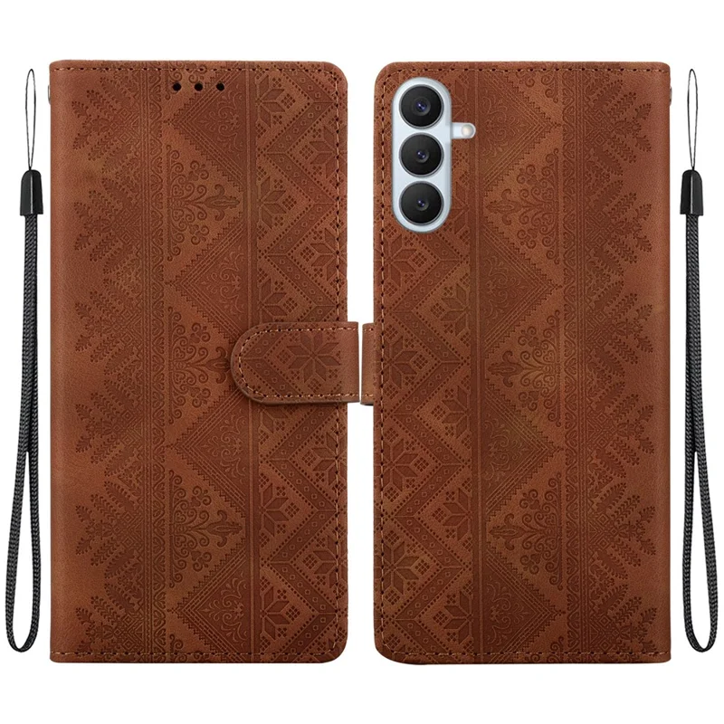 Étui portefeuille pour Samsung Galaxy S26+ avec motif ethnique imprimé, housse en cuir avec dragonne - Brun