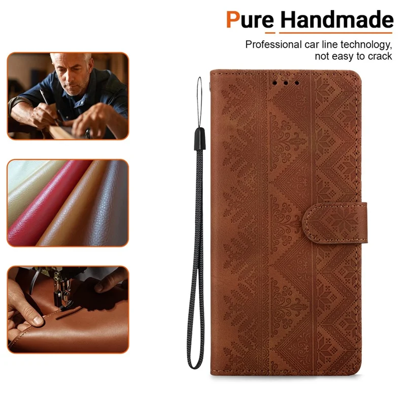 Étui portefeuille pour Samsung Galaxy S26+ avec motif ethnique imprimé, housse en cuir avec dragonne - Brun
