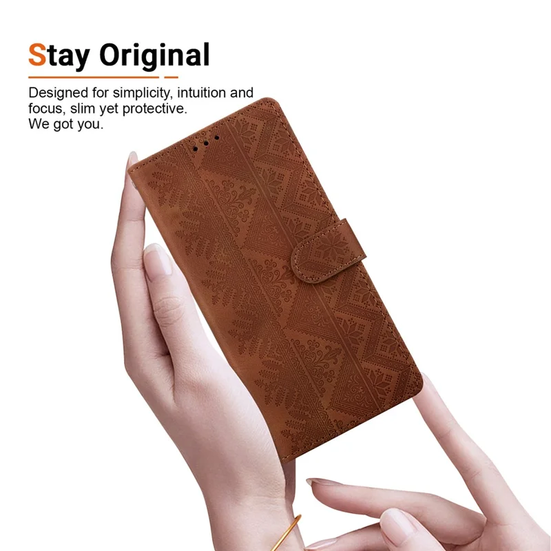 Étui portefeuille pour Samsung Galaxy S26+ avec motif ethnique imprimé, housse en cuir avec dragonne - Brun