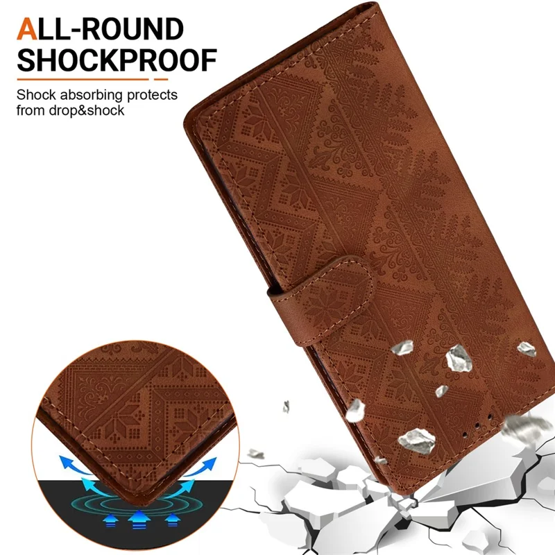 Étui portefeuille pour Samsung Galaxy S26+ avec motif ethnique imprimé, housse en cuir avec dragonne - Brun
