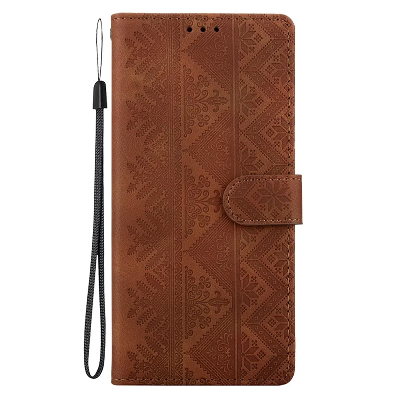 Étui portefeuille pour Samsung Galaxy S26+ avec motif ethnique imprimé, housse en cuir avec dragonne - Brun