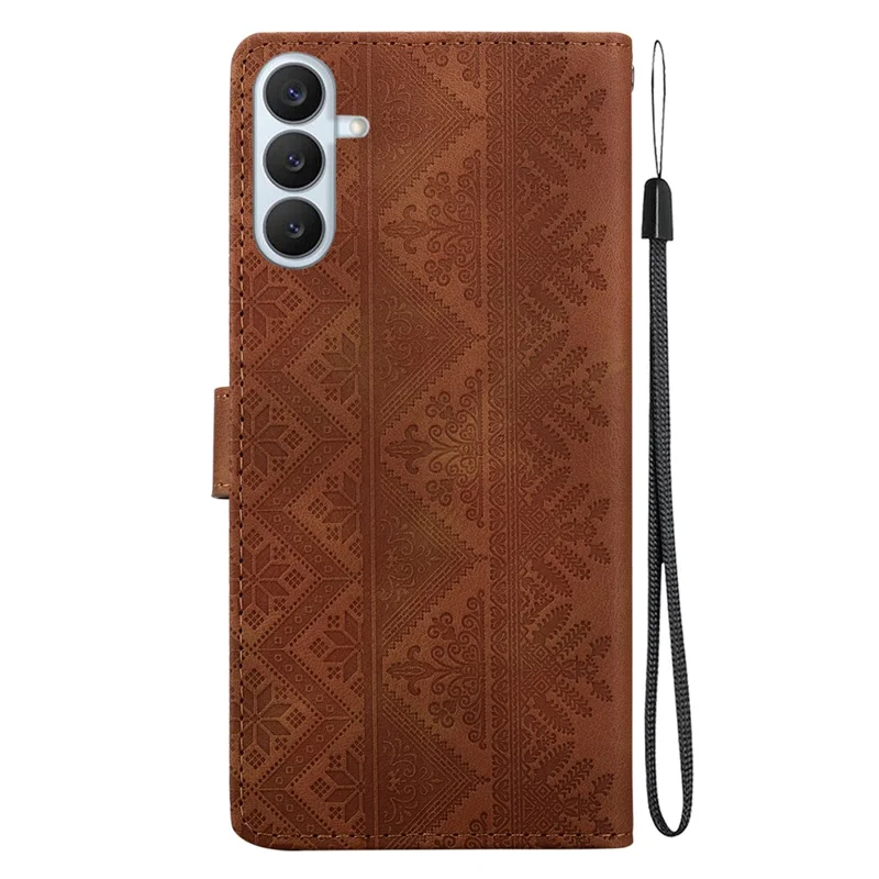 Étui portefeuille pour Samsung Galaxy S26+ avec motif ethnique imprimé, housse en cuir avec dragonne - Brun