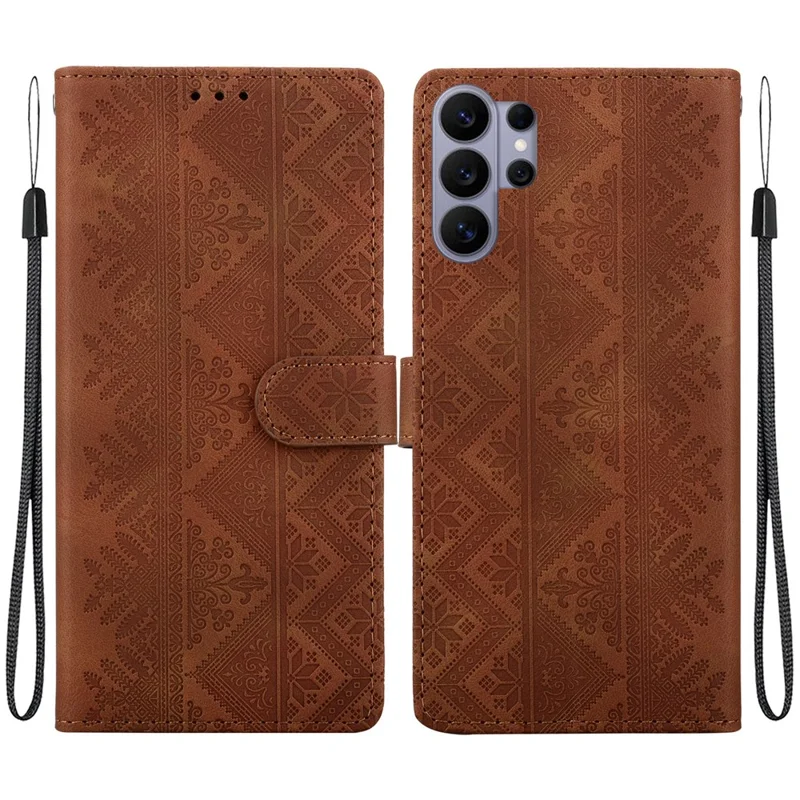 Чехол-кошелек для Samsung Galaxy S26 Ultra с этническим рисунком из искусственной кожи с ремешком на запястье — коричневый