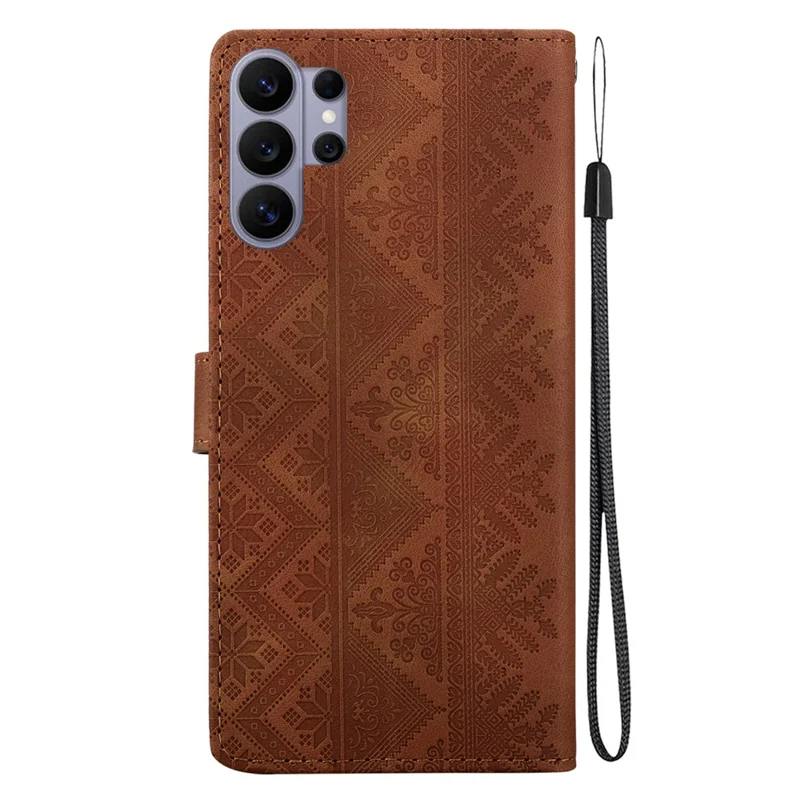 Чехол-кошелек для Samsung Galaxy S26 Ultra с этническим рисунком из искусственной кожи с ремешком на запястье — коричневый