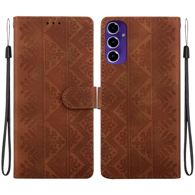 For Samsung Galaxy A27 5G Wallet Case Imprinted Ethnic Pattern Leather Phone Cover with Wrist Strap - Brown