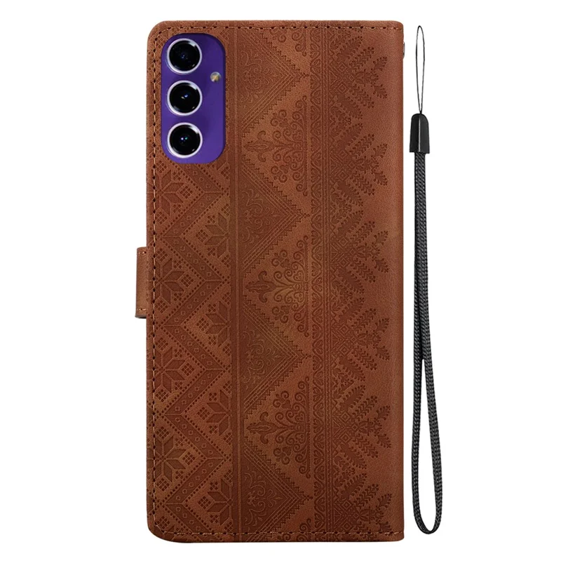 For Samsung Galaxy A27 5G Wallet Case Imprinted Ethnic Pattern Leather Phone Cover with Wrist Strap - Brown