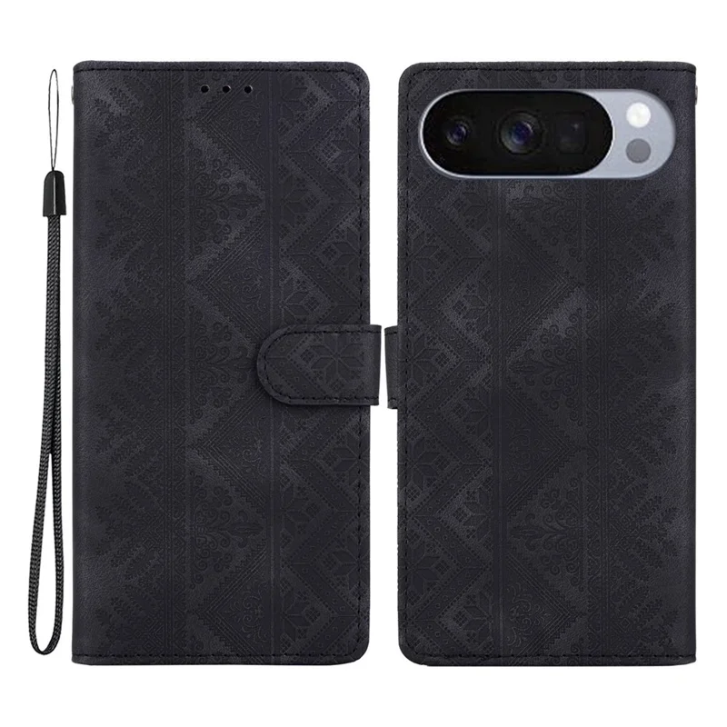 Чехол-кошелек для Google Pixel 11 Pro XL с этническим рисунком из искусственной кожи с ремешком на запястье — черный