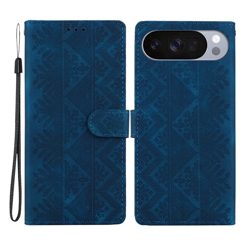 For Google Pixel 11 Pro XL Wallet Case Imprinted Ethnic Pattern Leather Phone Cover with Wrist Strap - Dark Blue