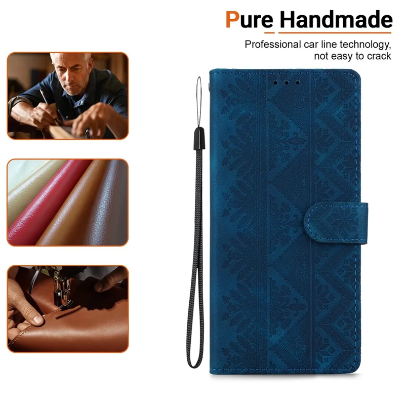 For Google Pixel 11 Pro XL Wallet Case Imprinted Ethnic Pattern Leather Phone Cover with Wrist Strap - Dark Blue