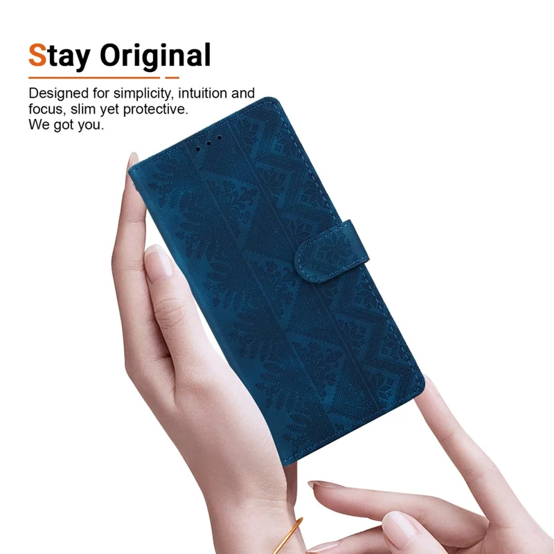 For Google Pixel 11 Pro XL Wallet Case Imprinted Ethnic Pattern Leather Phone Cover with Wrist Strap - Dark Blue
