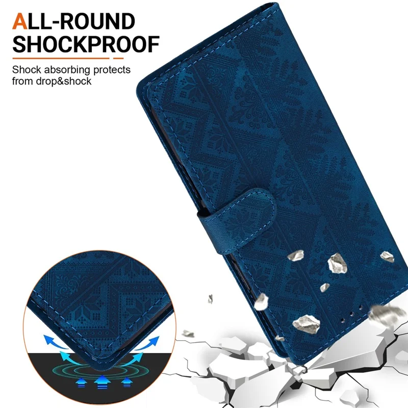 For Google Pixel 11 Pro XL Wallet Case Imprinted Ethnic Pattern Leather Phone Cover with Wrist Strap - Dark Blue
