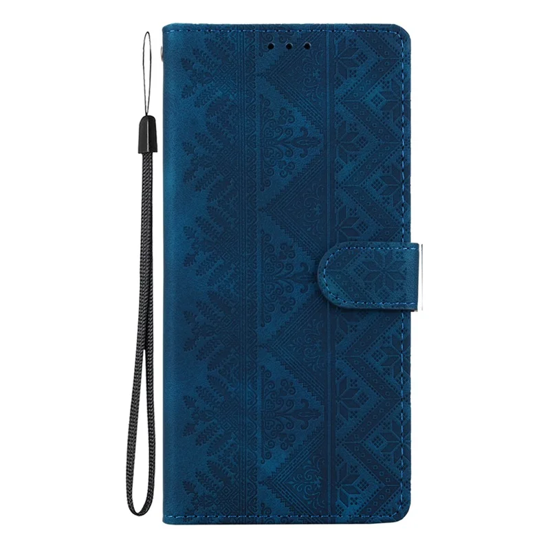 For Google Pixel 11 Pro XL Wallet Case Imprinted Ethnic Pattern Leather Phone Cover with Wrist Strap - Dark Blue