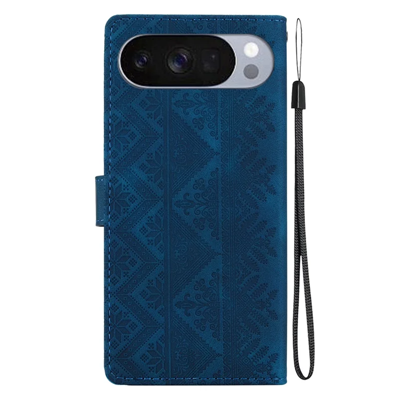 For Google Pixel 11 Pro XL Wallet Case Imprinted Ethnic Pattern Leather Phone Cover with Wrist Strap - Dark Blue