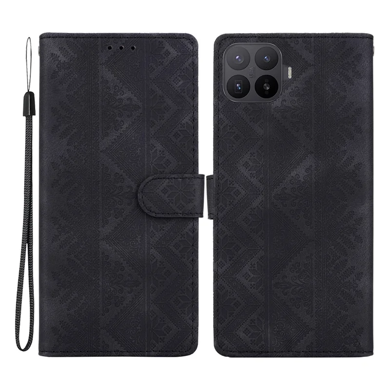 Чехол-кошелек для Xiaomi 17T с этническим рисунком из искусственной кожи с ремешком на запястье — черный