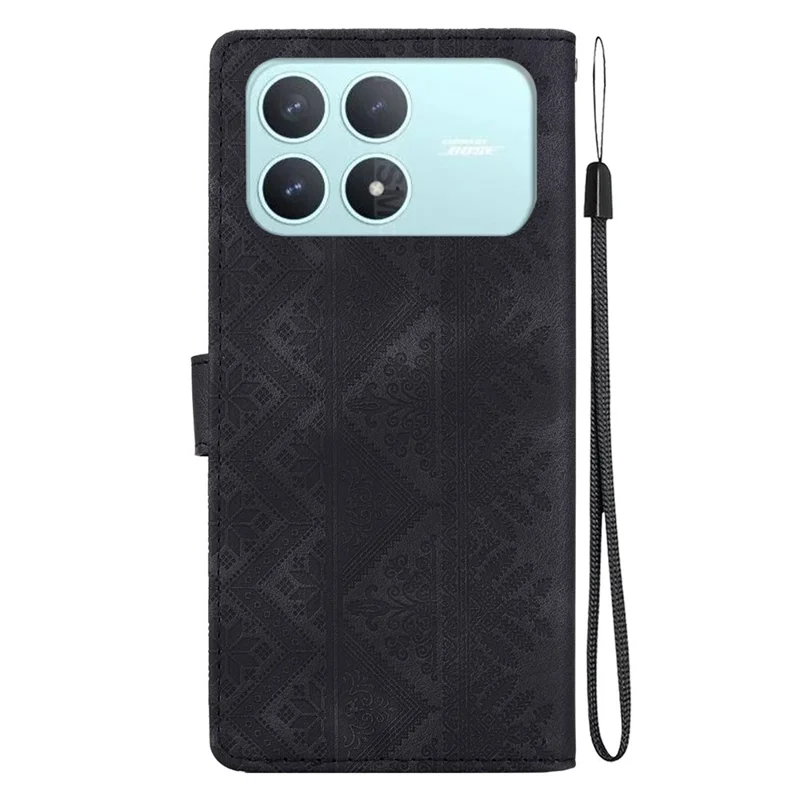 For Xiaomi Poco F8 Pro 5G Wallet Case Imprinted Ethnic Pattern Leather Phone Cover with Wrist Strap - Black