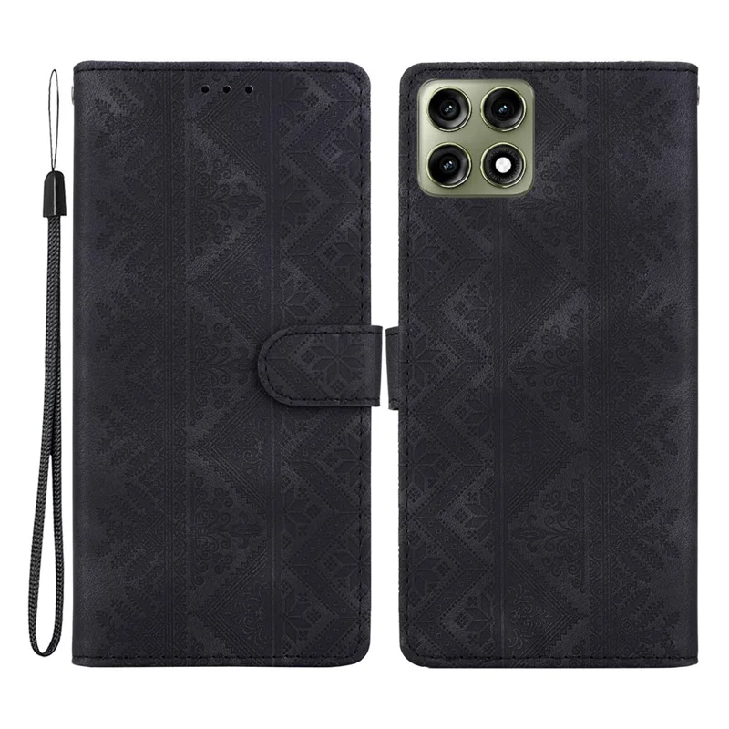 For Motorola Edge 70 Pro 5G Wallet Case Imprinted Ethnic Pattern Leather Phone Cover with Wrist Strap - Black