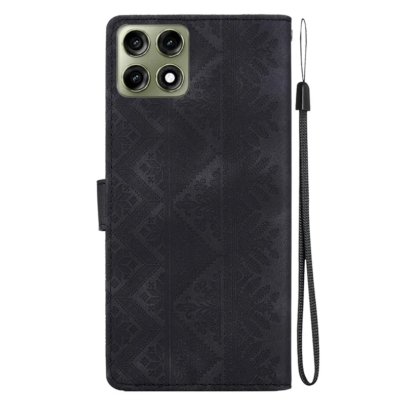 For Motorola Edge 70 Pro 5G Wallet Case Imprinted Ethnic Pattern Leather Phone Cover with Wrist Strap - Black