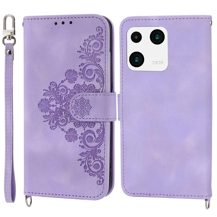 Per Xiaomi 13 PU Leather Wallet Phone Cover Skin-touch Feeling Imprinted Flowers Stand Case with Wrist Strap and Shoulder Strap - Light Purple