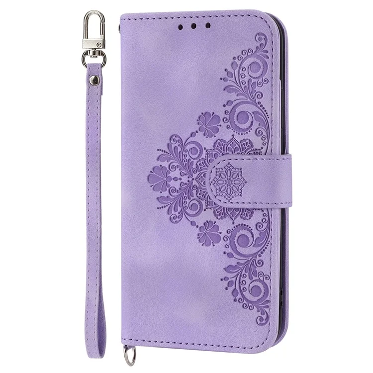 Per Xiaomi 13 PU Leather Wallet Phone Cover Skin-touch Feeling Imprinted Flowers Stand Case with Wrist Strap and Shoulder Strap - Light Purple