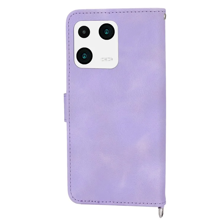 Per Xiaomi 13 PU Leather Wallet Phone Cover Skin-touch Feeling Imprinted Flowers Stand Case with Wrist Strap and Shoulder Strap - Light Purple