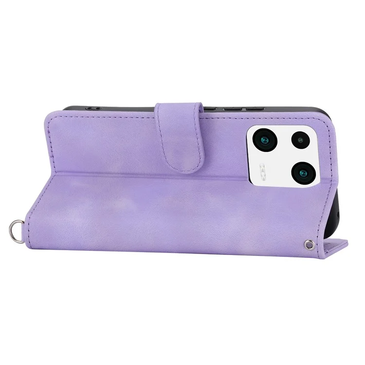 Per Xiaomi 13 PU Leather Wallet Phone Cover Skin-touch Feeling Imprinted Flowers Stand Case with Wrist Strap and Shoulder Strap - Light Purple