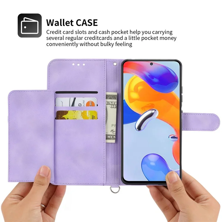 Per Xiaomi 13 PU Leather Wallet Phone Cover Skin-touch Feeling Imprinted Flowers Stand Case with Wrist Strap and Shoulder Strap - Light Purple