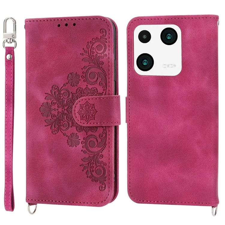 Shoulder Bag Phone Case for Xiaomi 13 Pro 5G, Wallet Function Skin-touch Feeling Imprinted Flowers Stand Leather Wristlet Pouch - Wine Red