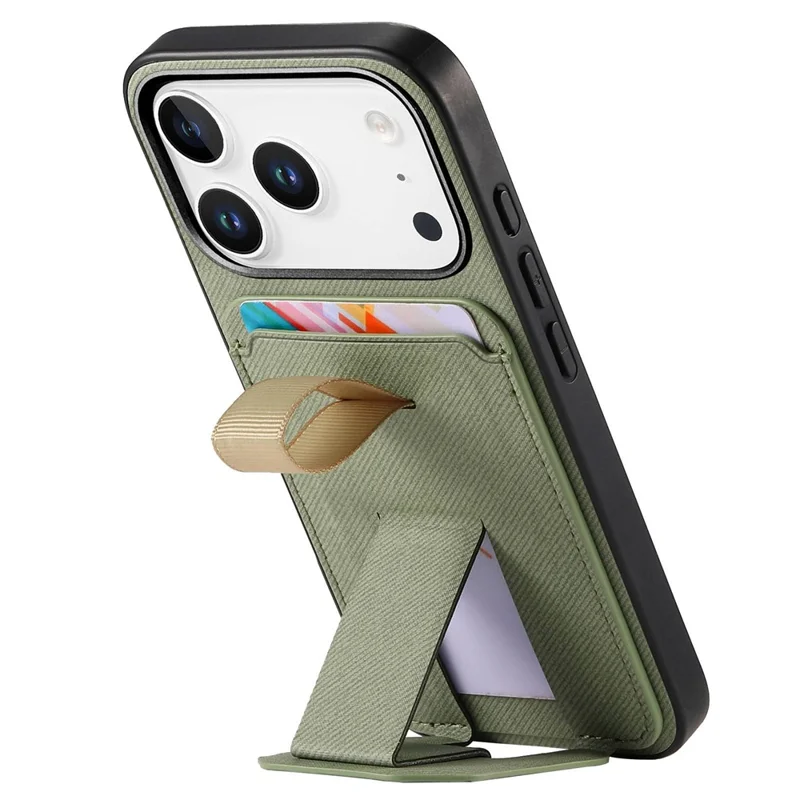 For iPhone 18 Pro Max Case Cloth Texture TPU PU Leather PC Phone Back Cover with Card Holder Kickstand - Green