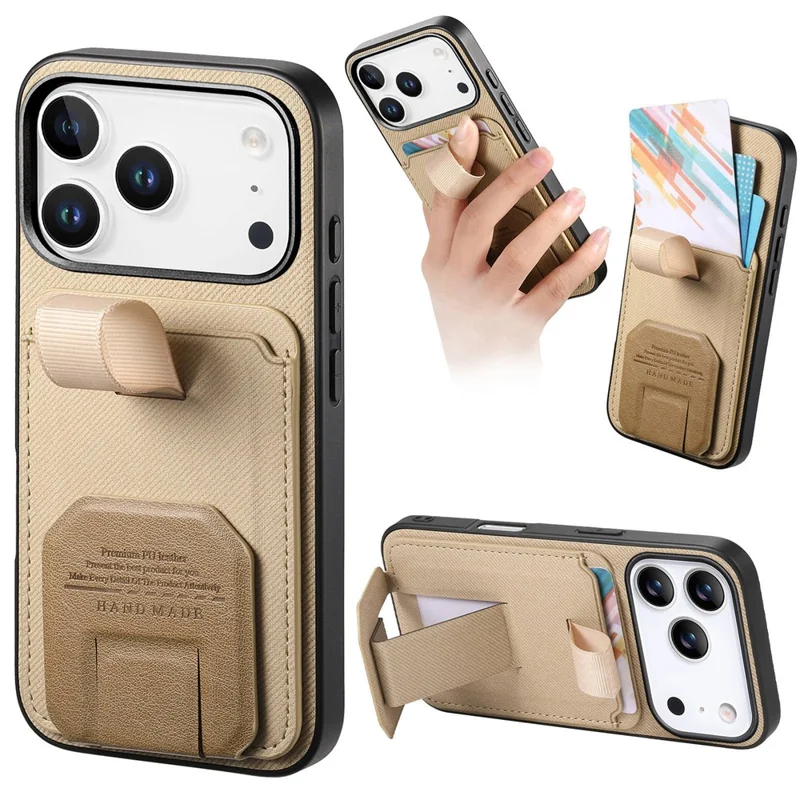For iPhone 18 Pro / 17 Pro Case Cloth Texture TPU PU Leather PC Phone Back Cover with Card Holder Kickstand - Khaki