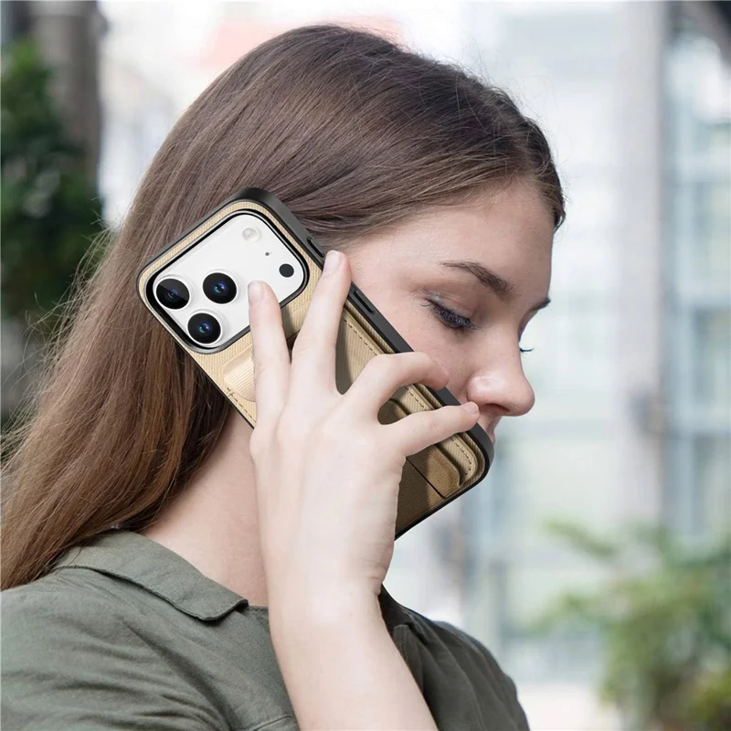 For iPhone 18 Pro / 17 Pro Case Cloth Texture TPU PU Leather PC Phone Back Cover with Card Holder Kickstand - Khaki