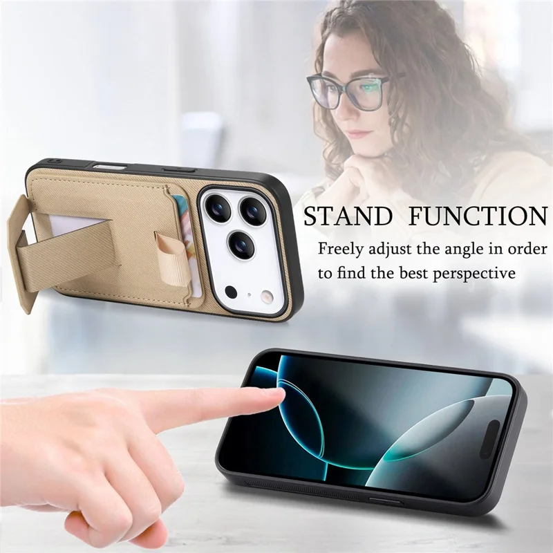 For iPhone 18 Pro / 17 Pro Case Cloth Texture TPU PU Leather PC Phone Back Cover with Card Holder Kickstand - Khaki