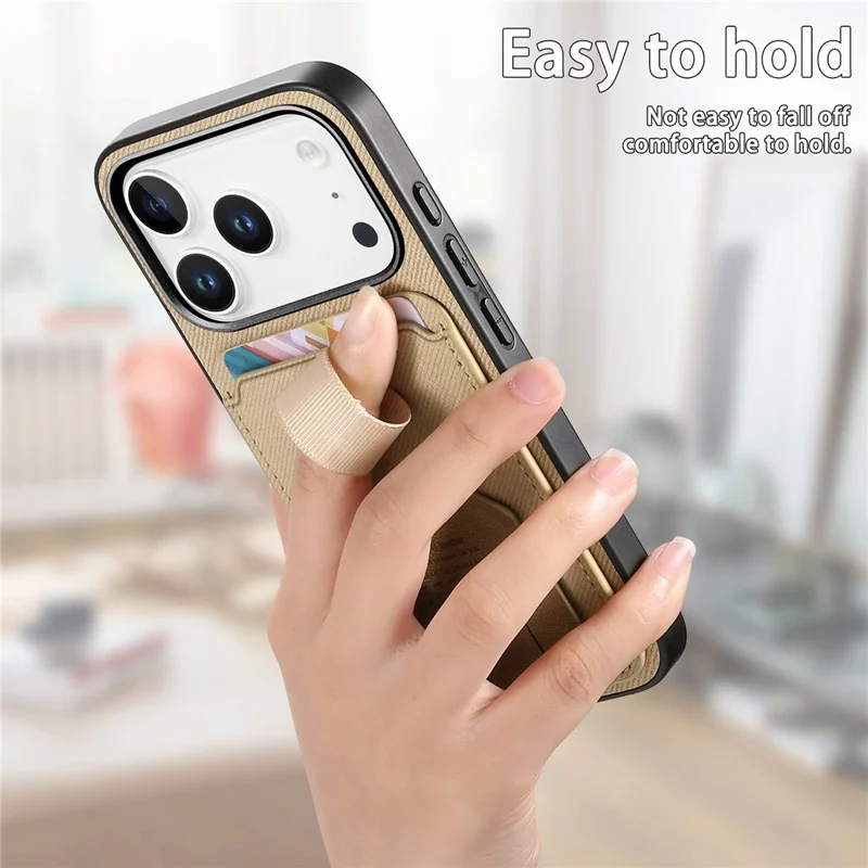 For iPhone 18 Pro / 17 Pro Case Cloth Texture TPU PU Leather PC Phone Back Cover with Card Holder Kickstand - Khaki