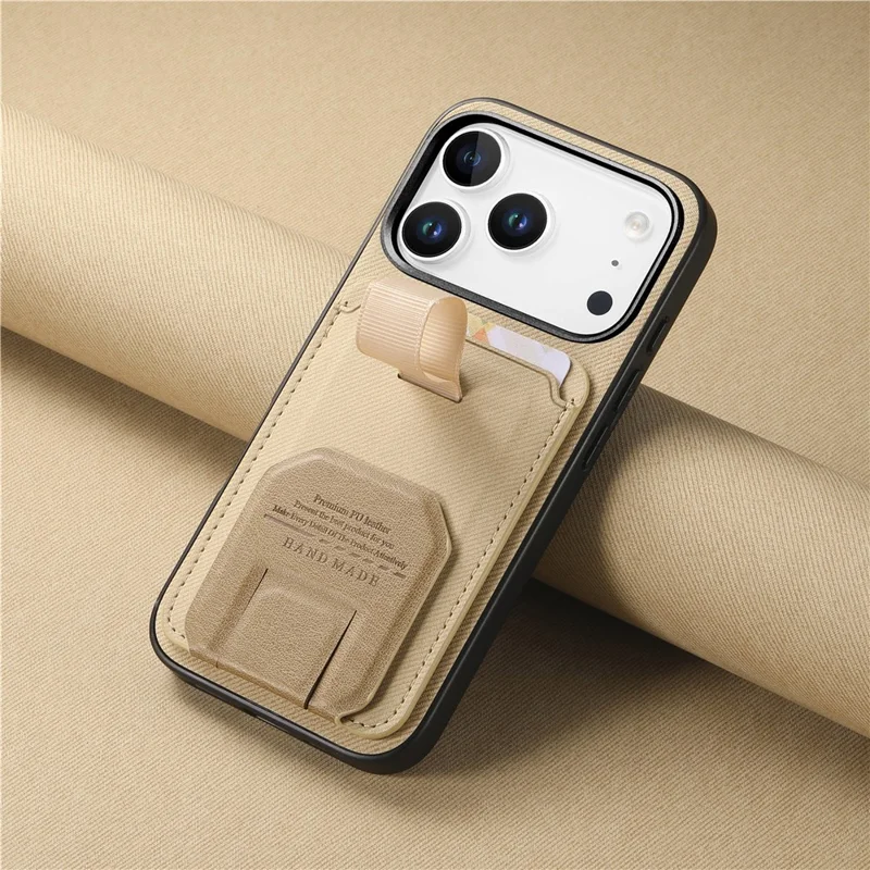 For iPhone 18 Pro / 17 Pro Case Cloth Texture TPU PU Leather PC Phone Back Cover with Card Holder Kickstand - Khaki